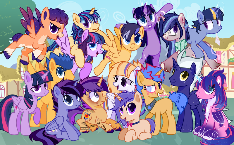 Size: 4000x2468 | Tagged: safe, artist:idkhesoff, artist:rerorir, derpibooru import, flash sentry, twilight sparkle, twilight sparkle (alicorn), oc, oc:aurora, oc:dawn light, oc:diamond wings, oc:estella sparkle, oc:flare beam, oc:hesitant enchantment, oc:jake sparkle, oc:magitek, oc:nightfall twinkle, oc:prince orion flash, oc:sparkling stars (ice1517), oc:star flare, oc:starshine gleam, oc:stella nova, alicorn, pegasus, pony, unicorn, icey-verse, alicorn oc, base used, blank flank, bowtie, brother and sister, building, chest fluff, collar, ear piercing, earring, eye scar, family, father and child, father and daughter, father and son, female, flashlight, flying, freckles, glowing horn, grin, horn, image, jewelry, leg fluff, levitation, magic, male, mare, markings, mother and child, mother and daughter, mother and son, multicolored hair, offspring, open mouth, parent:flash sentry, parent:twilight sparkle, parents:flashlight, piercing, png, ponies riding ponies, ponyville, raised hoof, riding, scar, self-levitation, shipping, siblings, sisters, sitting, smiling, stallion, straight, tattoo, telekinesis, tree, unshorn fetlocks, wall of tags, wings