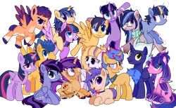 Size: 4000x2468 | Tagged: safe, alternate version, artist:idkhesoff, artist:rerorir, derpibooru import, flash sentry, twilight sparkle, twilight sparkle (alicorn), oc, oc:aurora, oc:dawn light, oc:diamond wings, oc:estella sparkle, oc:flare beam, oc:hesitant enchantment, oc:jake sparkle, oc:magitek, oc:nightfall twinkle, oc:prince orion flash, oc:sparkling stars (ice1517), oc:star flare, oc:starshine gleam, oc:stella nova, alicorn, pegasus, pony, unicorn, icey-verse, alicorn oc, base used, blank flank, bowtie, brother and sister, chest fluff, collar, ear piercing, earring, eye scar, family, father and child, father and daughter, father and son, female, flashlight, flying, freckles, glowing horn, grin, horn, image, jewelry, leg fluff, levitation, magic, male, mare, markings, mother and child, mother and daughter, mother and son, multicolored hair, offspring, open mouth, parent:flash sentry, parent:twilight sparkle, parents:flashlight, piercing, png, ponies riding ponies, raised hoof, riding, scar, self-levitation, shipping, siblings, simple background, sisters, sitting, smiling, stallion, straight, tattoo, telekinesis, transparent background, unshorn fetlocks, wall of tags, wings