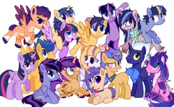 Size: 4000x2468 | Tagged: safe, alternate version, artist:idkhesoff, artist:rerorir, derpibooru import, flash sentry, twilight sparkle, twilight sparkle (alicorn), oc, oc:aurora, oc:dawn light, oc:diamond wings, oc:estella sparkle, oc:flare beam, oc:hesitant enchantment, oc:jake sparkle, oc:magitek, oc:nightfall twinkle, oc:prince orion flash, oc:sparkling stars (ice1517), oc:star flare, oc:starshine gleam, oc:stella nova, alicorn, pegasus, pony, unicorn, icey-verse, alicorn oc, base used, blank flank, bowtie, brother and sister, chest fluff, collar, ear piercing, earring, eye scar, family, father and child, father and daughter, father and son, female, flashlight, flying, freckles, glowing horn, grin, horn, image, jewelry, leg fluff, levitation, magic, male, mare, markings, mother and child, mother and daughter, mother and son, multicolored hair, offspring, open mouth, parent:flash sentry, parent:twilight sparkle, parents:flashlight, piercing, png, ponies riding ponies, raised hoof, riding, scar, self-levitation, shipping, siblings, simple background, sisters, sitting, smiling, stallion, straight, tattoo, telekinesis, unshorn fetlocks, wall of tags, white background, wings