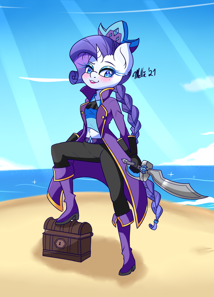 Size: 1300x1800 | Tagged: safe, artist:melliedraws, derpibooru import, rarity, anthro, unicorn, 30 minute art challenge, breasts, image, pirate, png, sword, weapon