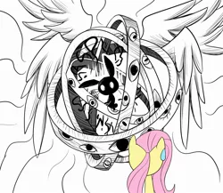Size: 2300x2000 | Tagged: safe, artist:ce2438, derpibooru import, angel bunny, fluttershy, pegasus, pony, biblically accurate angels, eye, eyes, female, floating, glowing eyes, image, jpeg, mare, ophanim, partial color, pun, runes, silhouette, simple background, sitting, spread wings, sweat, sweatdrop, visual pun, wat, white background, wings