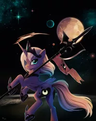 Size: 1280x1609 | Tagged: safe, artist:ponykillerx, princess luna, alicorn, pony, banner, female, image, jewelry, looking at you, mare, moon, png, regalia, solo, weapon