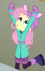 Size: 407x633 | Tagged: safe, derpibooru import, screencap, fluttershy, equestria girls, equestria girls series, holidays unwrapped, spoiler:eqg series (season 2), blizzard or bust, cropped, image, png, solo