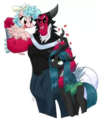 Size: 3000x3600 | Tagged: safe, artist:flutterthrash, derpibooru import, cozy glow, lord tirek, queen chrysalis, centaur, changeling, changeling queen, pegasus, pony, a better ending for chrysalis, a better ending for cozy, a better ending for tirek, bow, bracer, chrysirek, cozybetes, cute, cutealis, daddy tirek, eye clipping through hair, eye contact, family, female, filly, foal, hair bow, heart, heartwarming, image, looking at each other, male, mare, mommy chrissy, nose piercing, nose ring, open mouth, piercing, png, shipping, signature, simple background, smiling, straight, sweet dreams fuel, tail bow, tirebetes, white background