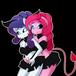 Size: 4000x4000 | Tagged: suggestive, artist:caoscore, derpibooru import, pinkie pie, rarity, anthro, demon, belly button, black sclera, demon horns, demon tail, female, glowing eyes, hug, hug from behind, image, lesbian, looking at each other, png, raripie, shipping