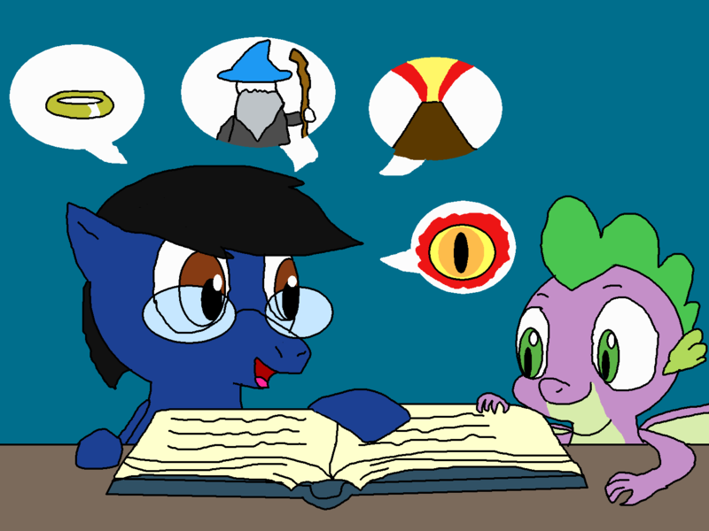 Size: 1500x1125 | Tagged: safe, artist:blazewing, derpibooru import, spike, oc, oc:blazewing, dragon, pegasus, atg 2021, book, colored background, drawpile, eye of sauron, gandalf, glasses, image, jewelry, lord of the rings, male, mount doom, newbie artist training grounds, open mouth, pictures, png, reading, ring, smiling, speech bubble, table, the one ring, volcano, winged spike, wizard