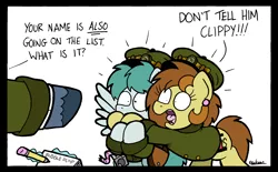 Size: 2392x1486 | Tagged: safe, artist:bobthedalek, derpibooru import, oc, oc:bubble pump, oc:clippy ticket, unofficial characters only, earth pony, pegasus, pony, unicorn, comic:trottingham transport, atg 2021, clothes, dads army, ear piercing, earring, hat, hoof over mouth, image, jacket, jewelry, magic, newbie artist training grounds, notebook, parody, pencil, piercing, png, telekinesis
