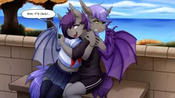 Size: 3201x1800 | Tagged: safe, artist:replica, derpibooru import, oc, oc:bar, oc:nolegs, unofficial characters only, anthro, bat pony, anthro oc, bat pony oc, bat wings, clothes, commission, consoling, crying, duo, ear fluff, eyebrows, eyebrows visible through hair, fangs, female, floppy ears, gritted teeth, high res, hug, image, jpeg, lidded eyes, one eye closed, open mouth, open smile, sad, school uniform, sitting, skirt, smiling, socks, speech bubble, stockings, teary eyes, thigh highs, wings