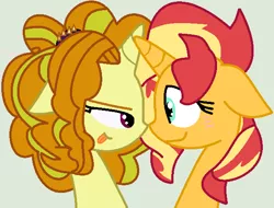 Size: 592x450 | Tagged: safe, artist:hugger-luve, artist:jadethepegasus, derpibooru import, adagio dazzle, sunset shimmer, ponified, pony, unicorn, base used, blushing, boop, equestria girls ponified, female, gray background, horn, horns are touching, image, lesbian, mare, noseboop, png, shipping, simple background, sunsagio, tongue out