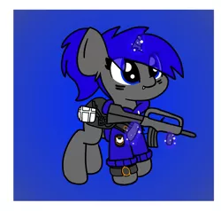 Size: 1495x1421 | Tagged: safe, artist:two2sleepy, derpibooru import, oc, oc:dream², unofficial characters only, chibi, clothes, famas, fangs, gun, hoodie, image, png, solo, tom clancy's the division, weapon