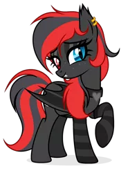 Size: 1897x2519 | Tagged: safe, artist:rioshi, derpibooru import, oc, oc:sharpe, unofficial characters only, bat pony, pony, bat pony oc, bat wings, clothes, collar, commission, ear fluff, fangs, female, freckles, heterochromia, image, mare, piercing, png, simple background, socks, solo, solo female, striped socks, transparent background, wings, ych result