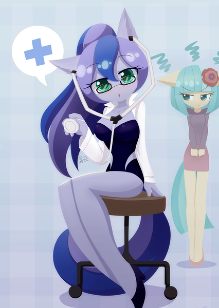 Size: 1000x1407 | Tagged: safe, artist:howxu, derpibooru import, coco pommel, princess luna, anthro, commission, cute, doctor, howxu is trying to murder us, image, looking at you, lunabetes, png, sitting, speech bubble
