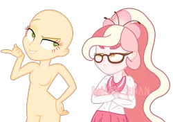 Size: 2404x1688 | Tagged: safe, artist:maiii-san, derpibooru import, oc, oc:cherry bloom, unofficial characters only, equestria girls, bald, base used, crossed arms, duo, eyelashes, female, image, png, simple background, smiling, smirk, transparent background