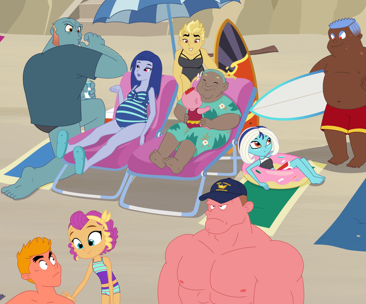 Size: 1175x977 | Tagged: safe, artist:queencold, derpibooru import, clump, dragon lord torch, garble, princess ember, smolder, oc, oc:blaze, oc:caldera, oc:grandma griddle, oc:maximus, human, equestria girls, beach, clothes, equestria girls-ified, female, humanized, image, male, png, pregnant, surfboard, swimsuit, umbrella