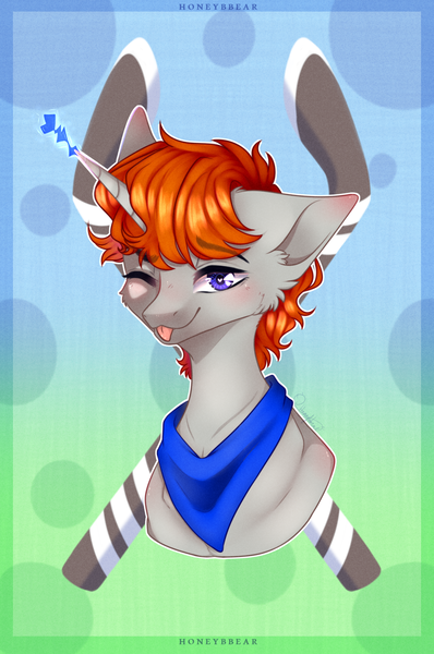 Size: 1806x2720 | Tagged: safe, artist:honeybbear, derpibooru import, oc, oc:disterious, pony, unicorn, blue eyes, bust, commission, cute, happy, hockey stick, horn, icon, image, looking at you, magic, magic aura, neckerchief, one eye closed, png, portrait, simple background, smiling, solo, tongue out, wink