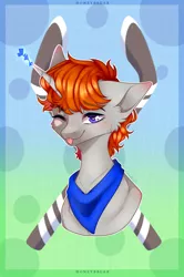 Size: 1806x2720 | Tagged: safe, artist:honeybbear, derpibooru import, oc, oc:disterious, pony, unicorn, blue eyes, bust, commission, cute, happy, hockey stick, horn, icon, image, looking at you, magic, magic aura, neckerchief, one eye closed, png, portrait, simple background, smiling, solo, tongue out, wink