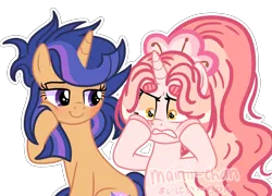 Size: 2023x1455 | Tagged: safe, artist:maiii-san, derpibooru import, oc, oc:cherry bloom, oc:galaxy swirls, unofficial characters only, pony, unicorn, angry, base used, blushing, cheek squish, duo, eyelashes, female, horn, image, mare, offspring, parent:flash sentry, parent:twilight sparkle, parents:flashlight, png, smiling, squishy cheeks, unicorn oc