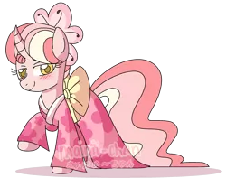 Size: 2180x1720 | Tagged: safe, artist:maiii-san, derpibooru import, oc, oc:cherry bloom, unofficial characters only, pony, blushing, clothes, curved horn, dress, eyelashes, female, horn, image, kimono (clothing), mare, png, raised hoof, simple background, smiling, solo, transparent background, watermark