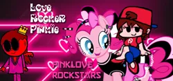 Size: 960x450 | Tagged: safe, artist:pagiepoppie12345, derpibooru import, pinkie pie, earth pony, human, pony, backwards cap, bow, clothes, crossover, crown, dress, face paint, friday night funkin', girlfriend (friday night funkin), gothic, gothic pinkie, hair bow, heart, high heels, image, jewelry, neon, pants, pegasus human, pinkie pie's boutique, png, rapper, regalia, riding a pony, shirt, shoes, show stopper outfits, smiling, title card, wings, zalgo, zalgo pagie