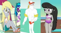 Size: 1521x846 | Tagged: safe, derpibooru import, edit, screencap, bulk biceps, derpy hooves, octavia melody, vinyl scratch, equestria girls, equestria girls series, spring breakdown, turf war, spoiler:eqg series (season 2), background human, beach shorts swimsuit, belly button, bikini, bikini top, bulktavia, clothes, cropped, cute, derpabetes, derpybulk, derpybulktavia, feet, female, headphones, image, legs, male, midriff, one-piece swimsuit, png, polyamory, sandals, shipping, shipping domino, shorts, smiling, straight, swimming trunks, swimsuit, water wings