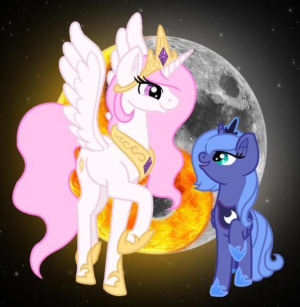 Size: 826x846 | Tagged: safe, artist:lucymarie2000, artist:madzbases, derpibooru import, princess celestia, princess luna, alicorn, pony, base used, duo, female, image, moon, pink-mane celestia, png, raised hoof, s1 luna, siblings, sisters, sun, yin-yang, younger