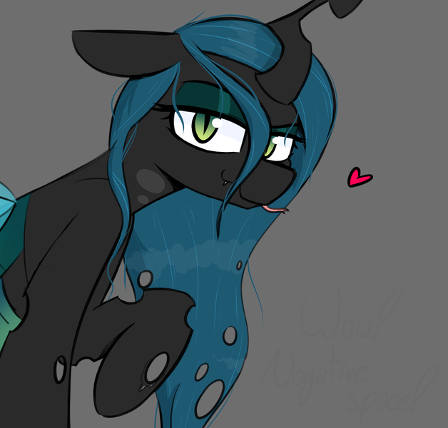 Size: 1315x1256 | Tagged: safe, artist:pinkberry, derpibooru import, queen chrysalis, changeling, changeling queen, cheeselegs, cute, cutealis, female, gray background, heart, image, lidded eyes, looking at you, lubed, png, raised hoof, simple background, slit pupils, tongue out