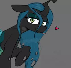 Size: 1315x1256 | Tagged: safe, artist:pinkberry, derpibooru import, queen chrysalis, changeling, changeling queen, cheeselegs, cute, cutealis, female, gray background, heart, image, lidded eyes, looking at you, lubed, png, raised hoof, simple background, slit pupils, tongue out