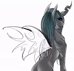 Size: 838x804 | Tagged: safe, artist:sombershadows, derpibooru import, queen chrysalis, changeling, changeling queen, pony, colored sketch, derpibooru exclusive, devious smile, eyelashes, female, image, jpeg, looking at you, looking back, looking back at you, mare, simple background, sitting, sketch, smiling, solo, white background
