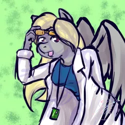 Size: 1000x1000 | Tagged: safe, artist:jbcblanks, derpibooru import, oc, unofficial characters only, anthro, pegasus, abstract background, clothes, cute, female, goggles, image, jpeg, lab coat, looking at you, open mouth, patreon, patreon reward, safety goggles, science, shirt, signature, smiling, solo, wings