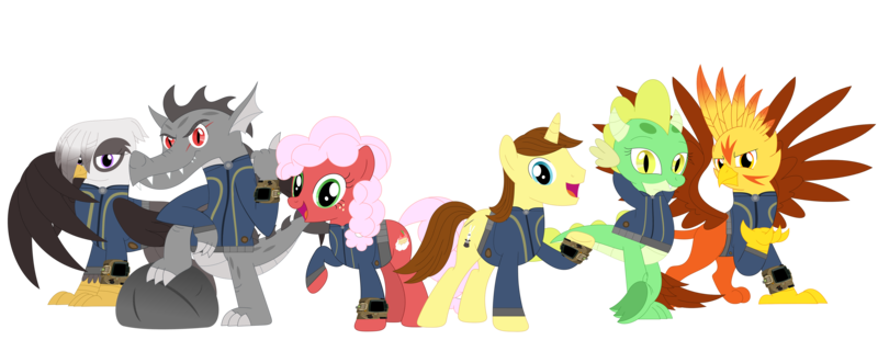 Size: 4557x1765 | Tagged: safe, artist:ponygamer2020, artist:porygon2z, derpibooru import, oc, oc:blaze, oc:draco axel, oc:hocus pocus, oc:jade, oc:raiza, oc:strawberry fluffcake, unofficial characters only, dragon, earth pony, gryphon, pony, unicorn, fallout equestria, absurd resolution, clothes, crossed legs, dragon oc, earth pony oc, fallout, feet, female, griffon oc, group, happy, high res, horn, image, jumpsuit, looking at you, male, original six, pipboy, png, rock, simple background, smiling, smiling at you, stallion, teeth, transparent background, unicorn oc, vault suit, vector