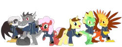 Size: 4557x1765 | Tagged: safe, artist:ponygamer2020, artist:porygon2z, derpibooru import, oc, oc:blaze, oc:draco axel, oc:hocus pocus, oc:jade, oc:raiza, oc:strawberry fluffcake, unofficial characters only, dragon, earth pony, gryphon, pony, unicorn, fallout equestria, absurd resolution, clothes, crossed legs, dragon oc, earth pony oc, fallout, feet, female, griffon oc, group, happy, high res, horn, image, jumpsuit, looking at you, male, original six, pipboy, png, rock, simple background, smiling, smiling at you, stallion, teeth, transparent background, unicorn oc, vault suit, vector