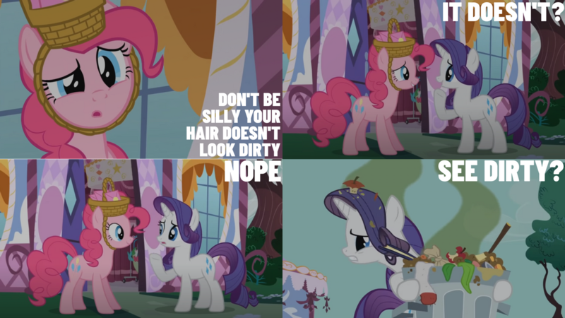 Size: 1280x720 | Tagged: safe, derpibooru import, edit, edited screencap, editor:quoterific, screencap, pinkie pie, rarity, earth pony, pony, unicorn, party of one, season 1, :o, carousel boutique, confused, duo, duo female, female, image, mare, o, o mouth, open mouth, png, smiling, solo, teeth, trash, trash can