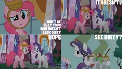 Size: 1280x720 | Tagged: safe, derpibooru import, edit, edited screencap, editor:quoterific, screencap, pinkie pie, rarity, earth pony, pony, unicorn, party of one, season 1, :o, carousel boutique, confused, duo, duo female, female, image, mare, o, o mouth, open mouth, png, smiling, solo, teeth, trash, trash can