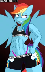 Size: 958x1536 | Tagged: suggestive, artist:lil miss jay, edit, rainbow dash, anthro, pegasus, abs, belly button, blacked, blacked.com, branded hem, breasts, clothes, delicious flat chest, female, grin, image, jpeg, muscles, panties, race traitor, rainbow flat, rainbuff dash, shorts, smiling, smirk, solo, solo female, sports bra, sports shorts, underass, underwear, workout outfit