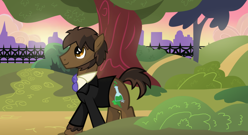 Size: 1985x1082 | Tagged: safe, derpibooru import, earth pony, beaker, dark forest au's dr. jekyll and mr. hyde, fence, image, looking up, mr.hyde, park, png, show accurate, sunset, town, tree, walking