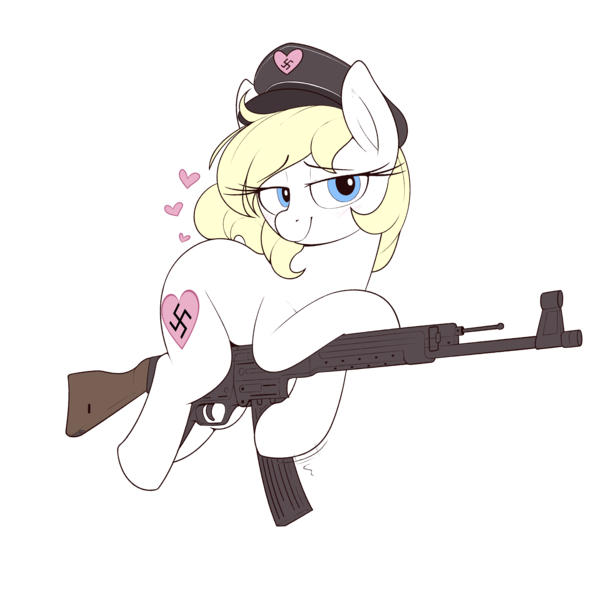 Size: 4000x4000 | Tagged: safe, artist:shinodage, ponybooru import, oc, oc:aryanne, unofficial characters only, earth pony, pony, art pack:marenheit 451, /mlp/, blonde, blonde mane, blonde tail, blue eyes, blushing, gun, heart, image, looking at you, nazi, png, simple background, smiling, solo, stg 44, transparent background, weapon