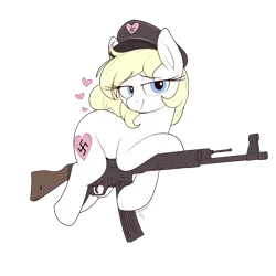 Size: 4000x4000 | Tagged: safe, artist:shinodage, ponybooru import, oc, oc:aryanne, unofficial characters only, earth pony, pony, art pack:marenheit 451, /mlp/, blonde, blonde mane, blonde tail, blue eyes, blushing, gun, heart, image, looking at you, nazi, png, simple background, smiling, solo, stg 44, transparent background, weapon