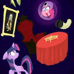 Size: 640x640 | Tagged: artist needed, safe, derpibooru import, discord, pinkie pie, twilight sparkle, pony, unicorn, accordion, chair, crystal ball, cymbals, floating, image, jpeg, musical instrument, table, the haunted mansion, unicorn twilight