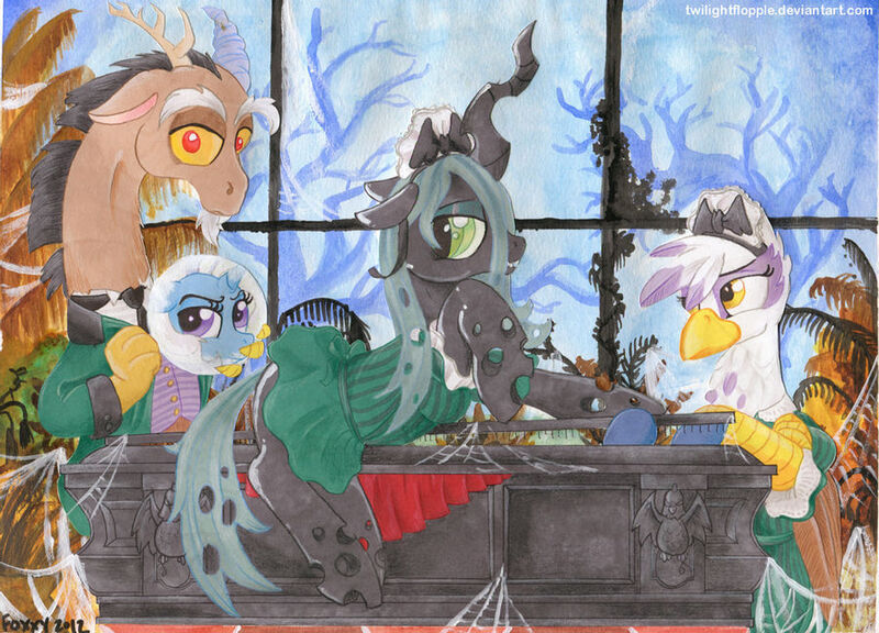 Size: 900x648 | Tagged: safe, artist:foxxy-arts, derpibooru import, discord, gilda, queen chrysalis, trixie, changeling, gryphon, pony, unicorn, coffin, image, jpeg, spider web, the haunted mansion