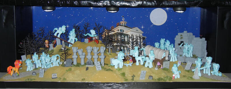 Size: 1024x393 | Tagged: safe, artist:silverband7, derpibooru import, ghost, ghost pony, pony, undead, bicycle, diorama, full moon, graveyard, image, jpeg, moon, the haunted mansion