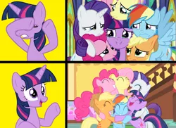 Size: 1815x1320 | Tagged: safe, banned from derpibooru, deleted from derpibooru, derpibooru import, edit, edited screencap, screencap, applejack, fluttershy, pinkie pie, rainbow dash, rarity, twilight sparkle, season 1, season 9, the cutie mark chronicles, the last problem, spoiler:s09, crying, crylight sparkle, drama, fluttercry, grin, group hug, hug, image, mane six, op can't let go, op has an opinion, op is a duck, op isn't even trying anymore, op is on drugs, op is trying to start shit, op is trying to start shit so badly that it's kinda funny, op needs to stop, op wants attention, png, sadbow dash, sadjack, smiling