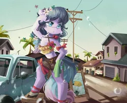 Size: 4096x3327 | Tagged: safe, artist:saxopi, derpibooru import, oc, unofficial characters only, earth pony, semi-anthro, car, car wash, chest fluff, clothes, floral head wreath, flower, house, image, jpeg, palm tree, solo, suds, telephone pole, tree