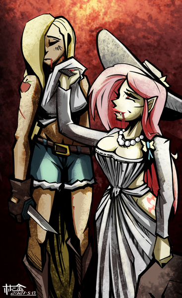 Size: 1280x2095 | Tagged: semi-grimdark, artist:threestar-lin, derpibooru import, applejack, fluttershy, human, vampire, alternative cutie mark placement, blood, breasts, busty fluttershy, cleavage, clothes, cutie mark on human, dress, hat, humanized, image, jpeg, knife, lady dimitrescu, lifting, resident evil 8, shorts, shoulder cutie mark, size difference