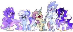 Size: 1280x573 | Tagged: safe, artist:renhorse, derpibooru import, oc, oc:elegant purple, oc:harpsichord, oc:hawk eyes, oc:scald, oc:star sweets, unofficial characters only, draconequus, dragon, gryphon, kirin, pegasus, pony, female, image, mare, png, simple background, transparent background