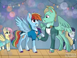 Size: 2732x2048 | Tagged: safe, artist:moccabliss, derpibooru import, fluttershy, rainbow dash, soarin', zephyr breeze, pony, clothes, dress, female, image, male, png, shipping, straight, suit, zephdash