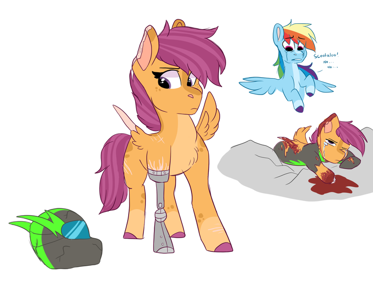 Size: 2572x2048 | Tagged: grimdark, artist:moccabliss, derpibooru import, rainbow dash, scootaloo, pony, the washouts (episode), alternate scenario, alternate universe, amputee, blood, clothes, crash, crying, helmet, image, png, prosthetic leg, prosthetic limb, prosthetics, scar, simple background, torn ear, uniform, washouts uniform, white background