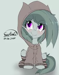 Size: 2380x3000 | Tagged: safe, artist:freefraq, derpibooru import, marble pie, earth pony, pony, clothes, cute, female, gray background, hoodie, image, mare, png, shadow, signature, simple background, smiling, socks, solo, text