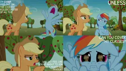 Size: 1280x720 | Tagged: safe, derpibooru import, edit, edited screencap, editor:quoterific, screencap, applejack, rainbow dash, earth pony, pegasus, pony, grannies gone wild, season 8, spoiler:s08, apple, applejack's hat, bipedal, cowboy hat, cute, dashabetes, duo, duo female, female, floppy ears, food, hat, image, jpeg, mare, nose in the air, open mouth, puppy dog eyes, sad, sadorable, tree, wavy mouth