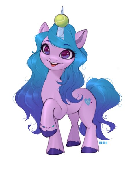 Size: 1585x2048 | Tagged: safe, artist:u_lu_lu, derpibooru import, izzy moonbow, pony, unicorn, ball, bracelet, cute, eyelashes, female, g5, horn, horn guard, horn impalement, hornball, image, izzy's tennis ball, izzybetes, jewelry, jpeg, looking at you, mare, open mouth, raised hoof, simple background, solo, tennis ball, unshorn fetlocks, white background