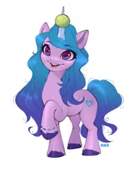 Size: 1585x2048 | Tagged: safe, artist:u_lu_lu, derpibooru import, izzy moonbow, pony, unicorn, ball, bracelet, cute, eyelashes, female, g5, horn, horn guard, horn impalement, hornball, image, izzy's tennis ball, izzybetes, jewelry, jpeg, looking at you, mare, open mouth, raised hoof, simple background, solo, tennis ball, unshorn fetlocks, white background
